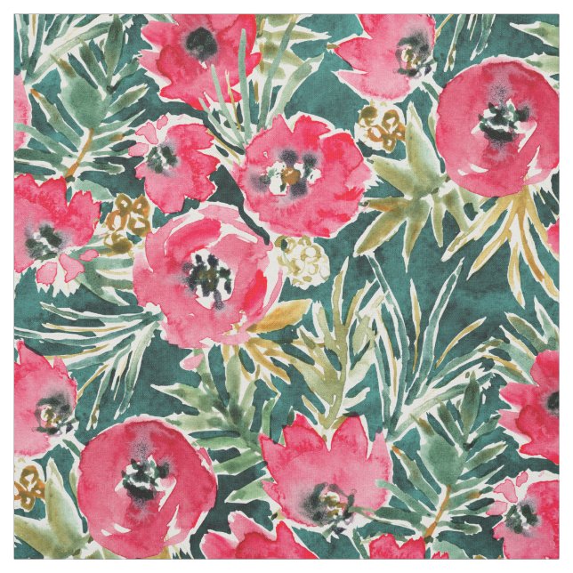HOLIDAY POPPIES Red Green Lush Floral Fabric (Swatch)