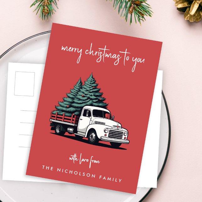 Holiday Postcard | Christmas Tree Delivery Truck (A vintage inspired delivery truck holiday postcard design with retro festive flair)