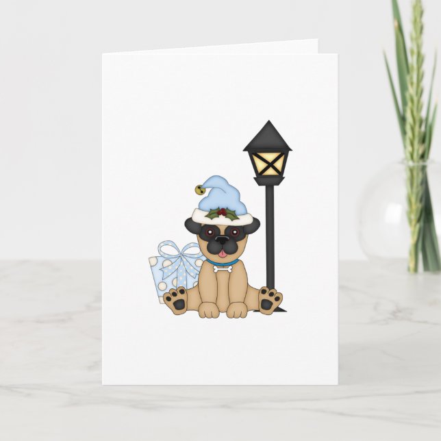 Holiday Pug with present (blue) Card (Front)