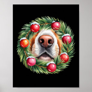 Holiday Pup Nose Peeking Cute Christmas Dog Wreath Poster