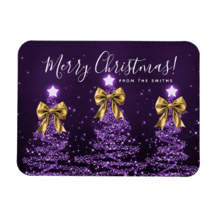 Holiday Purple Christmas Trees Greeting Gold  Magnet