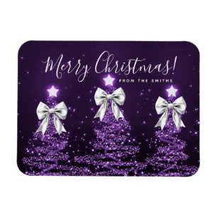Holiday Purple Christmas Trees Greeting Silver Magnet