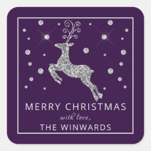 Holiday Purple & Silver Glitter Christmas Reindeer Square Sticker