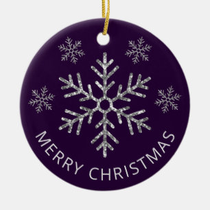 Holiday Purple  Silver Glitter Christmas Snowflake Ceramic Ornament