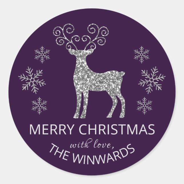 Holiday Purple Silver Glitter Christmas Snowflake Classic Round Sticker (Front)