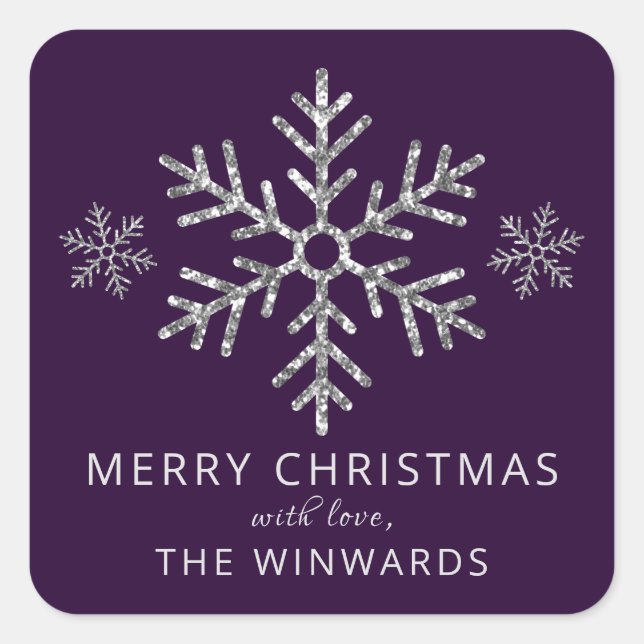 Holiday Purple Silver Glitter Christmas Snowflake Square Sticker (Front)
