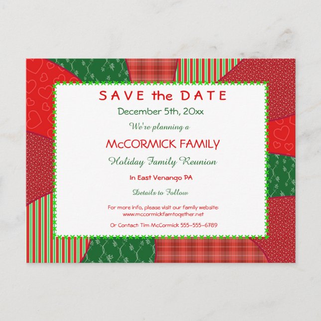 Holiday Quilt-Party, Family Reunion Save the Date Announcement Postcard (Front)