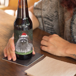 Holiday Raccoon in Santa Hat Photo Beer Bottle Label