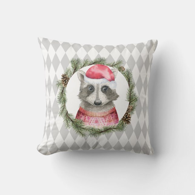 Holiday Racoon and Pastel Grey Harlequin Pattern Cushion (Front)