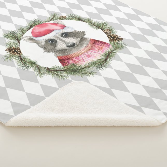 Holiday Racoon with Pastel Grey Harlequin Pattern Sherpa Blanket (3/4)