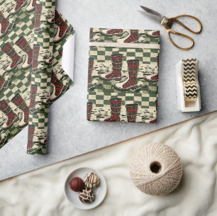 Holiday Rainboots on Plaid - Festive Delight Wrapping Paper