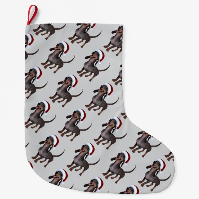 Holiday Ready Dachshund Sausage Dog With Santa Hat Large Christmas Stocking (Front)