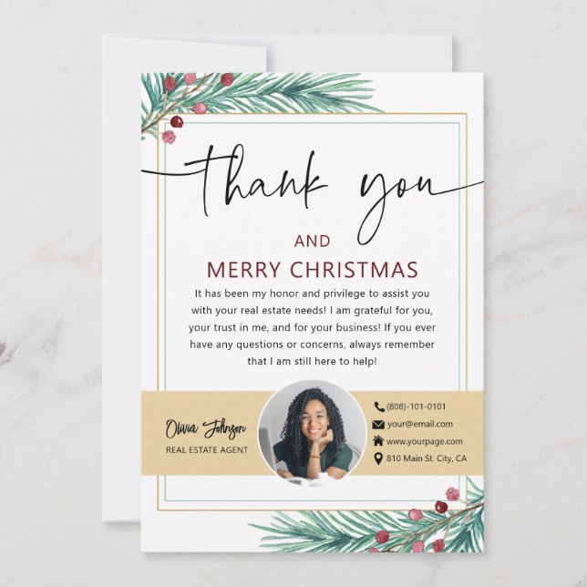 Holiday Real Estate Agent Photo Thank you Card (Front)