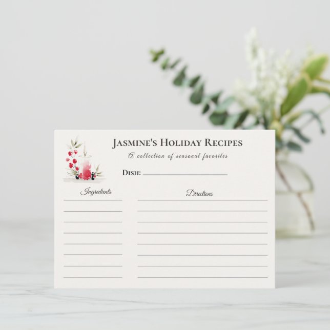 Holiday Recipe Card – Personalized Winter Floral D (Standing Front)