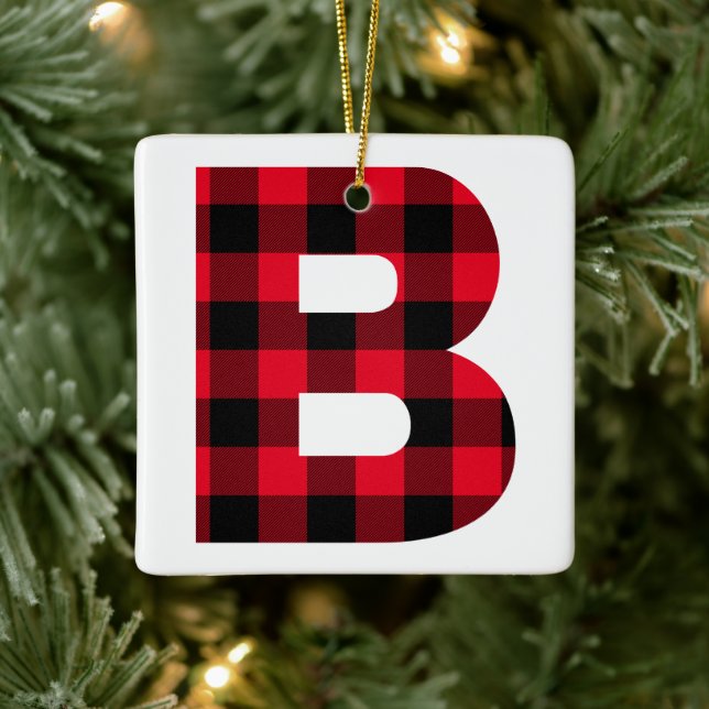 Holiday Red and Black Buffalo Plaid Monogram B Ceramic Ornament (Tree)