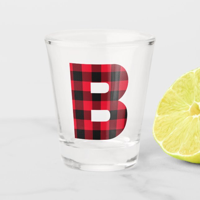 Holiday Red and Black Buffalo Plaid Monogram B Shot Glass (Front)
