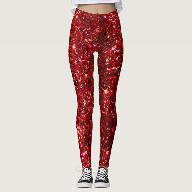 Holiday Red and Black Faux Glitter Christmas Leggings (Front)