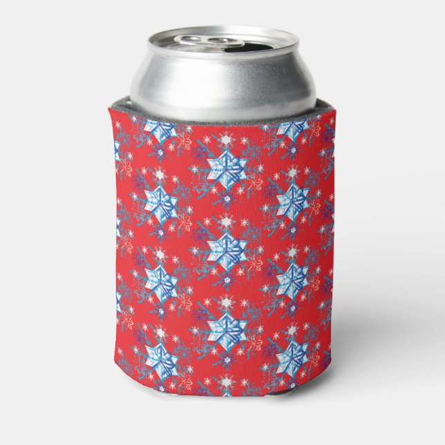 Holiday red and blue snowflakes and stars can cooler (Can Back)