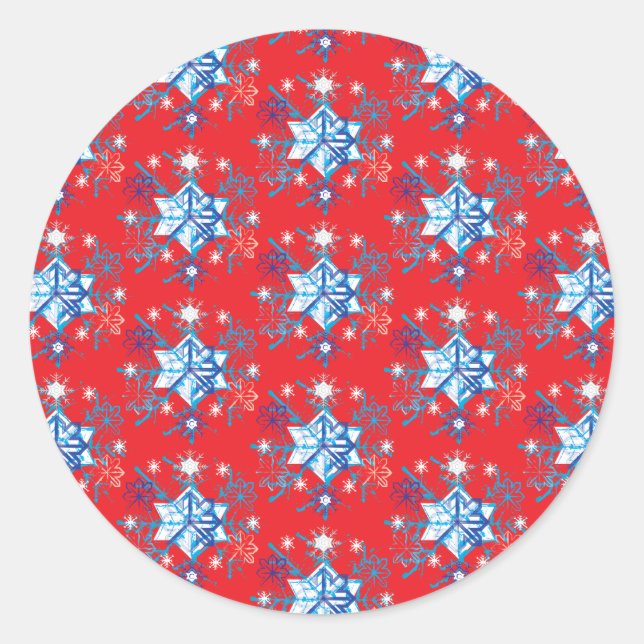 Holiday red and blue snowflakes and stars classic round sticker (Front)