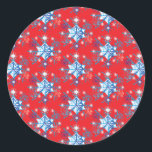 Holiday red and blue snowflakes and stars classic round sticker<br><div class="desc">Holiday red and blue snowflakes and stars pattern. 
Need more? Check out other holiday designs at my store! Cheers! :)</div>