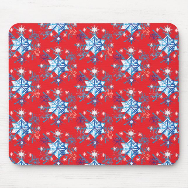 Holiday red and blue snowflakes and stars mouse pad (Front)