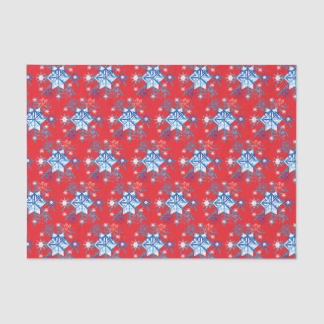 Holiday red and blue snowflakes and stars tissue paper (Front)