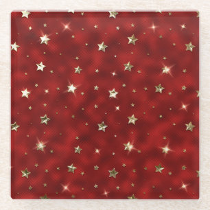 Holiday Red and Gold Faux Metal Christmas Stars Glass Coaster