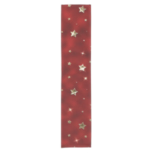 Holiday Red and Gold Faux Metal Christmas Stars Short Table Runner