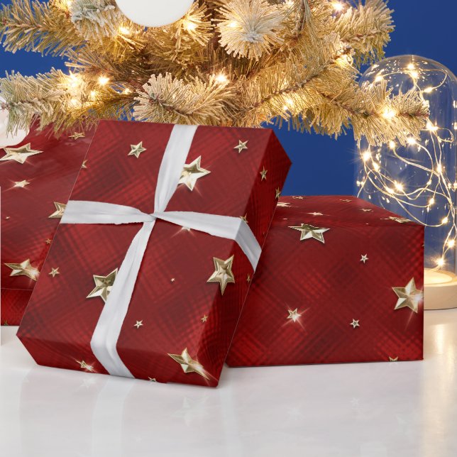 Holiday Red and Gold Faux Metal Christmas Stars Wrapping Paper (Holidays)