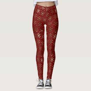 Holiday Red and Gold Metal Christmas Snowflakes Leggings