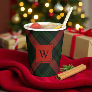 Holiday Red and Green Tartan Plaid with Monogram Paper Cups