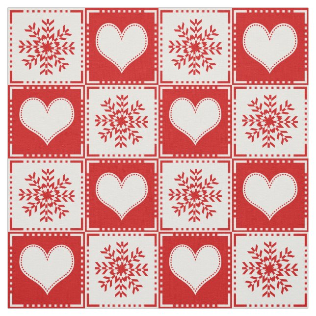 Holiday Red and White Snowflake Hearts Gingham Fabric (Swatch)