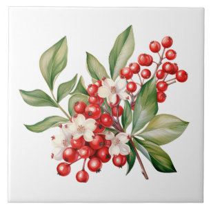 Holiday Red Berries Floral Ceramic Tile