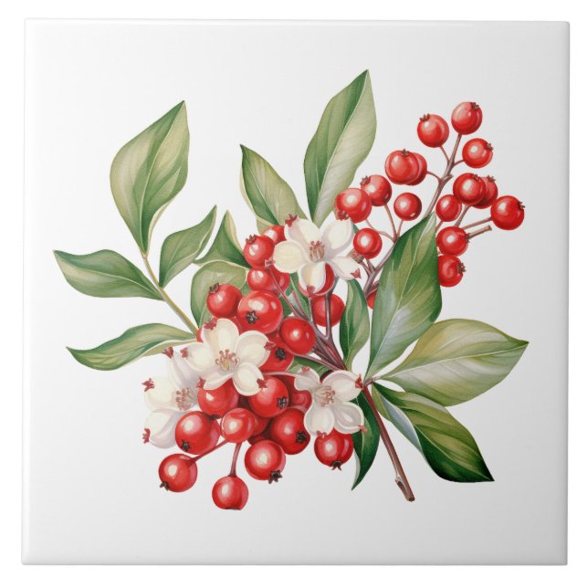 Holiday Red Berries Floral Ceramic Tile (Front)