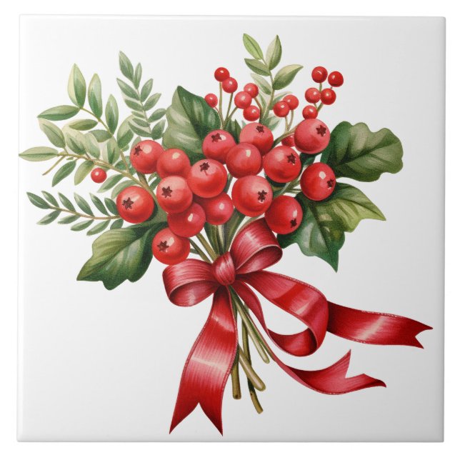 Holiday Red Berries Floral Ceramic Tile (Front)