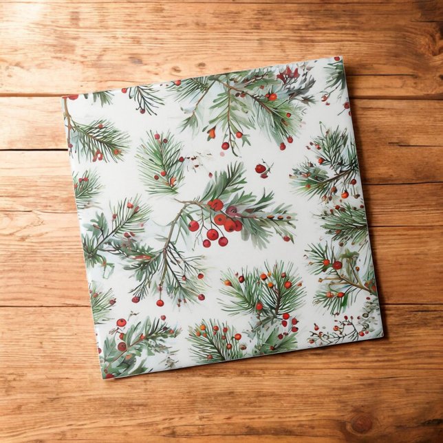 Holiday Red Berries & Pine Woodland Design Ceramic Tile (Creator Uploaded)