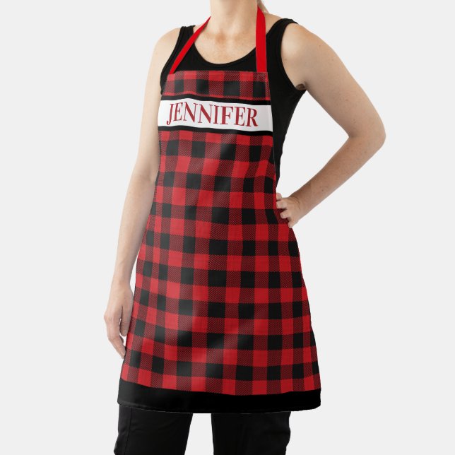 Holiday Red Black Buffalo Plaid Rustic Baking Name Apron (Insitu)