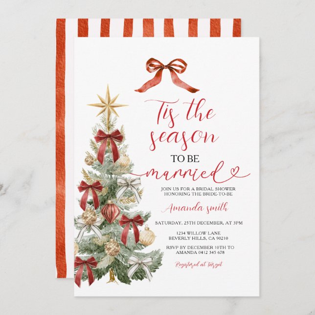 Holiday Red Bow Christmas Tree Couple Wedding Invitation (Front/Back)