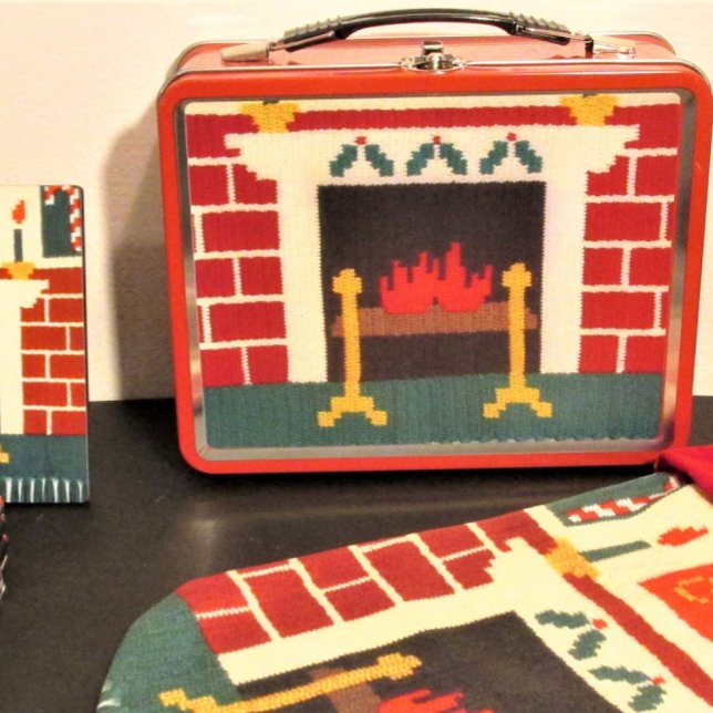 Holiday Red Bricks Fireplace Hot Crochet Print on Metal Lunch Box (Creator Uploaded)