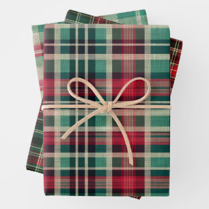Holiday Red Cream Green Plaid Stripes Wrapping Paper Sheet