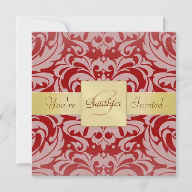 Holiday Red Damask Gold Ribbon Monogram Invitation (Front)