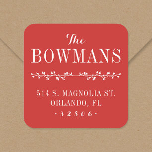 Holiday Red Family Name Return Address Square Sticker
