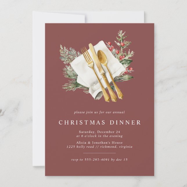 Holiday Red | Festive Watercolor Christmas Dinner Invitation (Front)