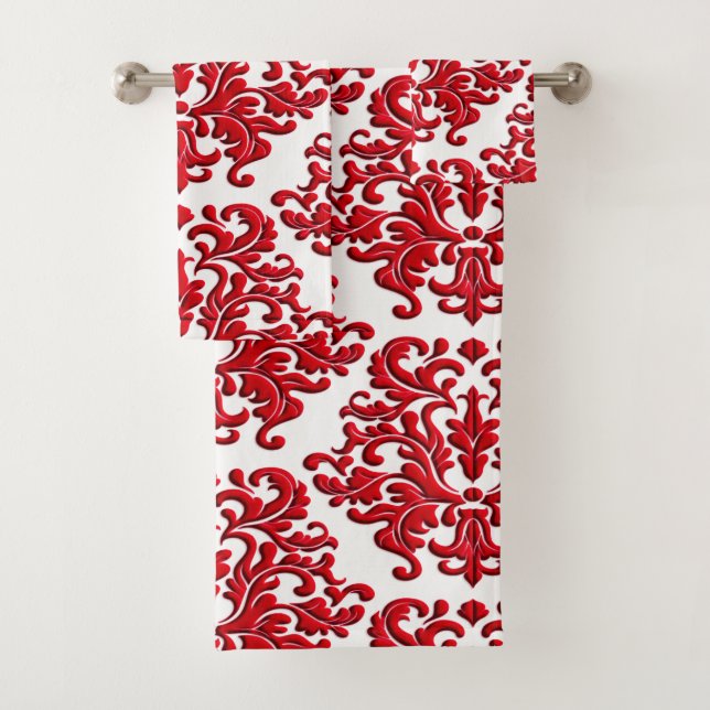 Holiday Red Floral Damask on White Towel Set (Insitu)