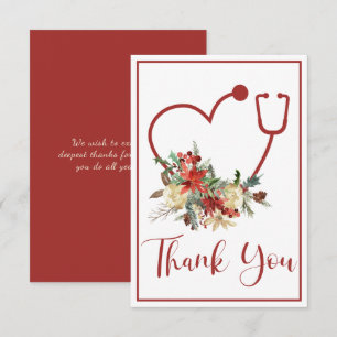 Holiday Red Floral Stethoscope Heart Thank You Card