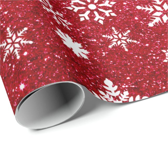 Holiday Red Glitter Snowflake Pattern Christmas Wrapping Paper (Roll Corner)