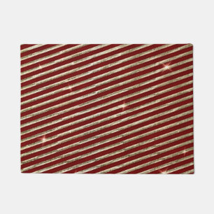 Holiday Red & Gold Faux Glitter Christmas Stripes Doormat