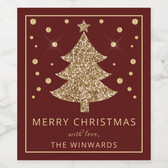 Holiday Red & Gold Glitter Christmas Tree Wine Label (Single Label)