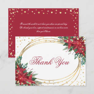 Holiday Red Gold Poinsettia Christmas Wedding Thank You Card