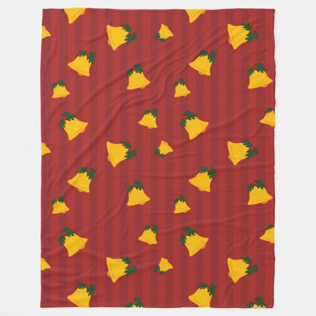 Holiday Red Gold Stripe Bells Christmas Fleece Blanket (Front)